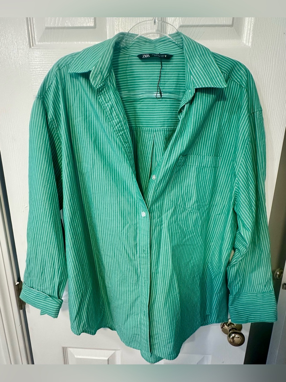 Zara Emerald Green White-Striped Relaxed Button Shirt